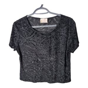 California Dynasty Vintage Black Velvet Burnout Top Cropped Loungewear Size Med